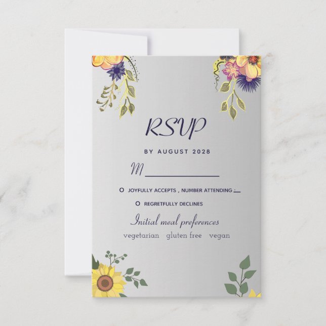 Carte RSVP Mariage Argent Floral Violet (Devant)