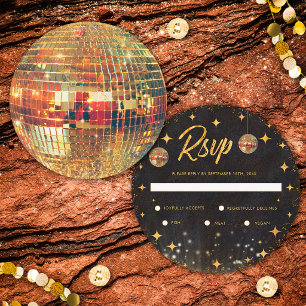 Carte RSVP Mariage Boule à Facettes Rétro Noir Or Paille