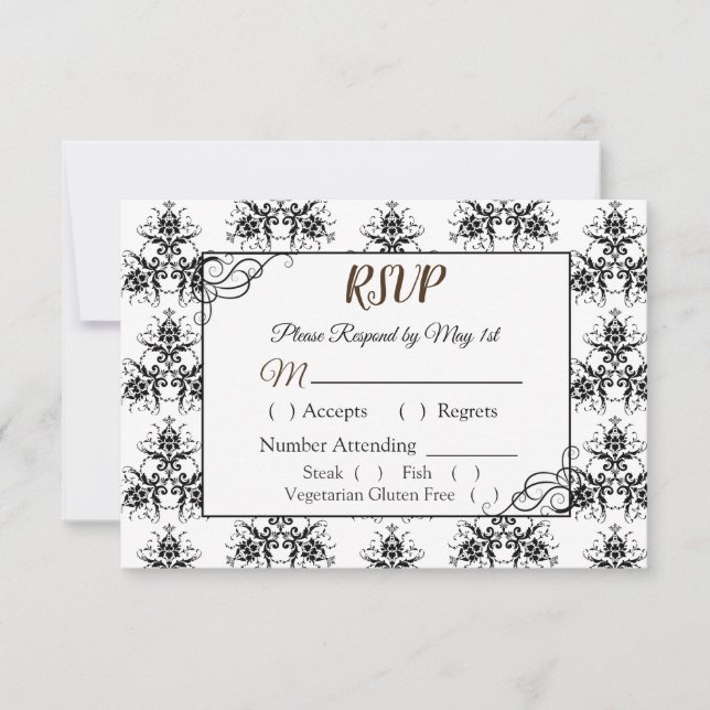 Carte RSVP Mariage damassé noir et blanc (Devant)