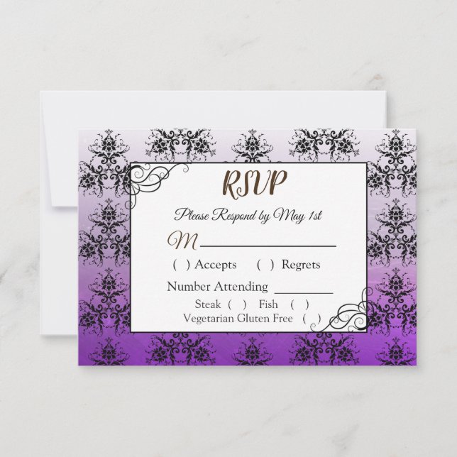 Carte RSVP Mariage damassé noire et violette (Devant)
