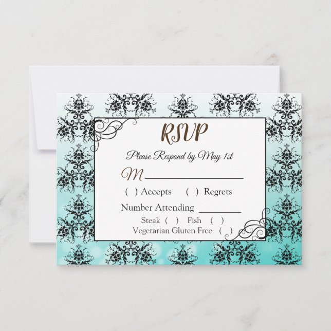 Carte RSVP Mariage damassé Turquoise et noire (Devant)