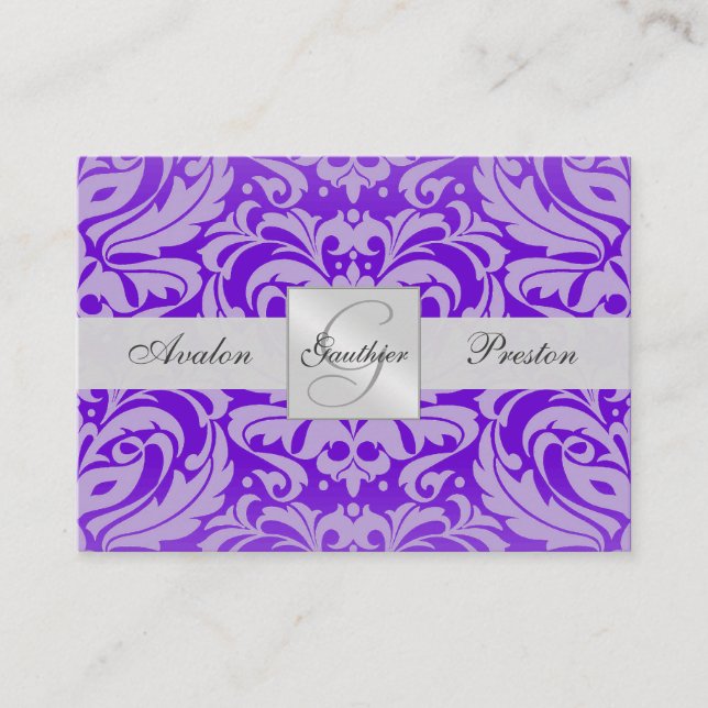 Carte RSVP Mariage damassé violet Monogram (Devant)