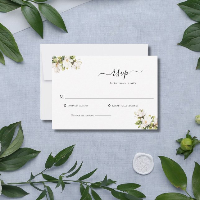 Carte RSVP Mariage Elégante Magnolias Blanc (White Magnolia Floral Classic Elegant Wedding RSVP Card)
