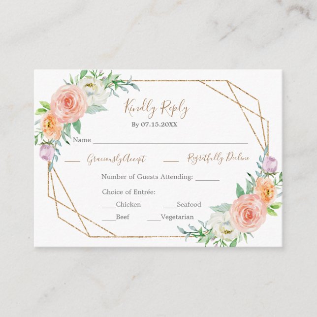 Carte RSVP Mariage Fleurs aquarelles géométriques (Devant)