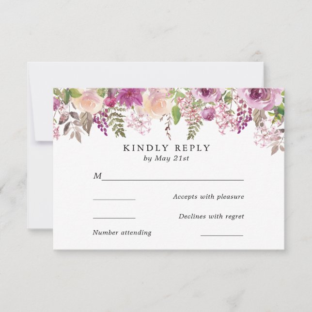 Carte RSVP Mariage Fleurs d'Aquarelle Violet (Devant)