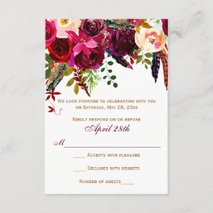 Carte RSVP Mariage - Floral Bourgogne, Plumes