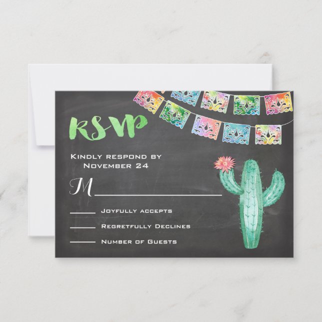 Carte RSVP Mariage mexicain Watercolor Cactus (Devant)