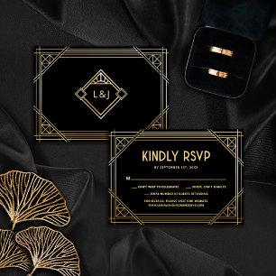 Carte RSVP Mariage Monogramme Art Déco Noir et Or