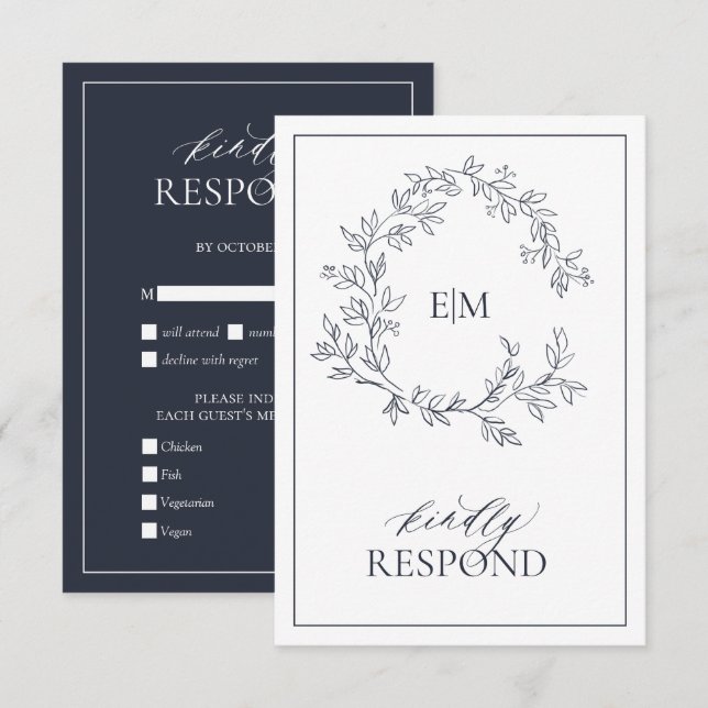 Carte RSVP Mariage Monogramme bleu marine (Devant / Derrière)