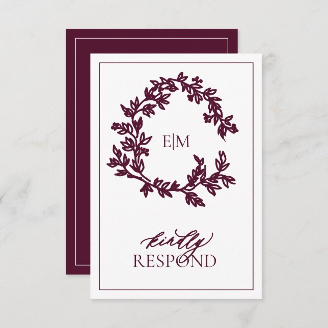 Carte RSVP Mariage Monogramme Bourgogne moderne (Devant / Derrière)