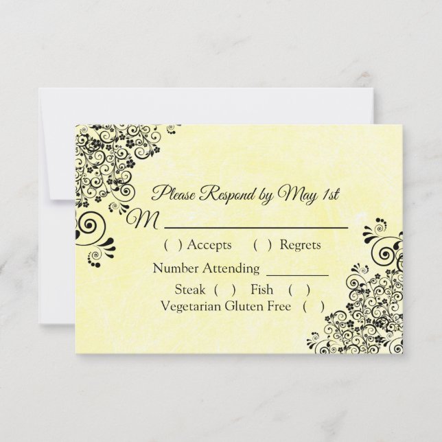 Carte RSVP mariage noir et jaune (Devant)