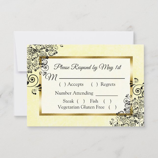 Carte RSVP mariage noir et jaune (Devant)