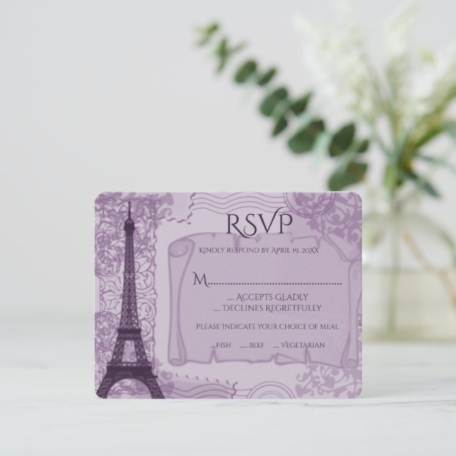 Carte RSVP Mariage Parisien violet (Debout devant)