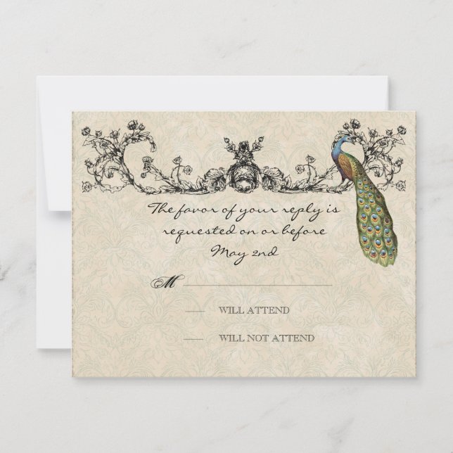 Carte RSVP Mariage Peacock & Etchings vintage (Devant)