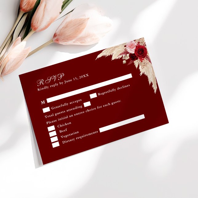 Carte RSVP Mariage Rose Tropical de Bourgogne (Burgundy Tropical Roses Wedding RSVP Card on a sunny table with pale pink flowers.)