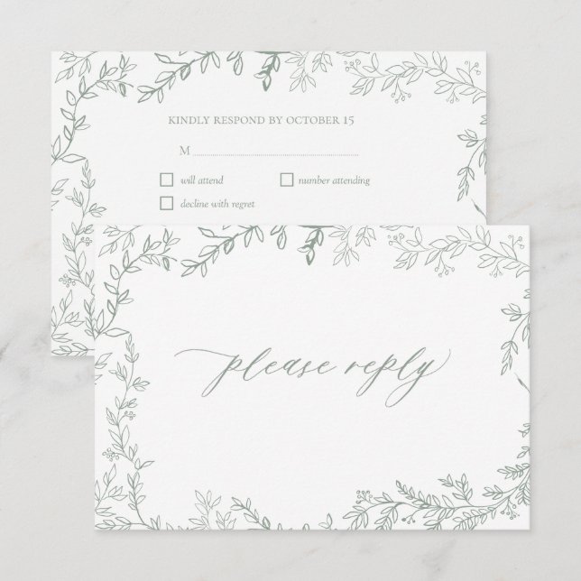 Carte RSVP Mariage RSVP Sage Vert Feuilleté (Devant / Derrière)