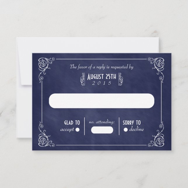 Carte RSVP Marine Blue Chalkboard Art Déco Mariage (Devant)