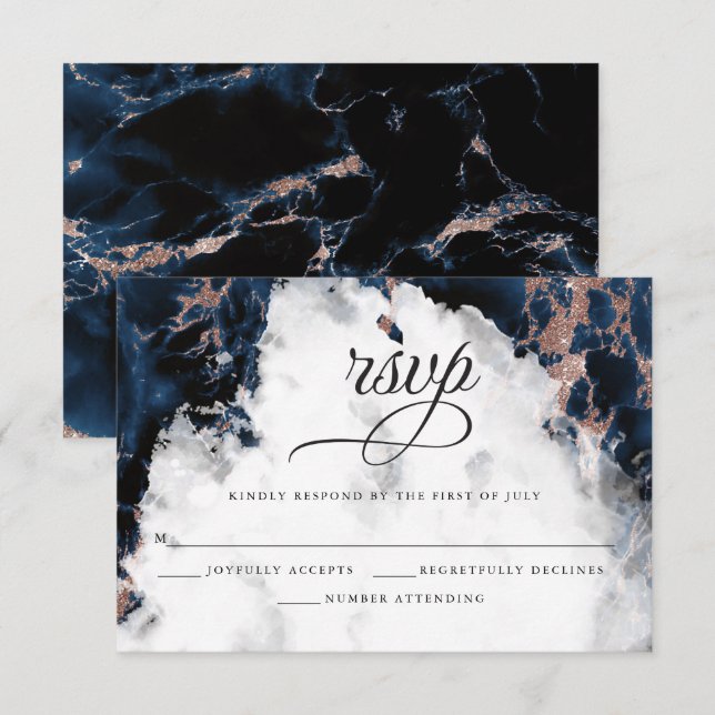 Carte RSVP Marine Blue Rose Gold Watercolor (Devant / Derrière)
