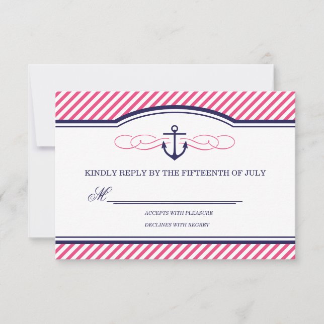 Carte RSVP marine et rose Ancre nautique mariage (Devant)
