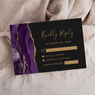 Carte RSVP moderne violet Or Agate Noir Mariage no
