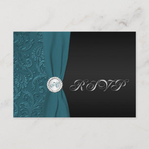 Carte RSVP Monogramme turquoise et noire Damask