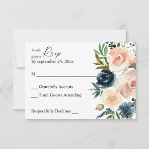 Carte RSVP Navy & Dusty Blue & Pink Floral no Meal
