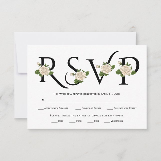 Carte RSVP noir, blanc et rose blanche (Devant)