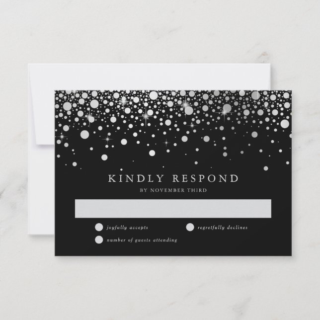 Carte RSVP noir et blanc Faux Silver Foil Confetti (Devant)