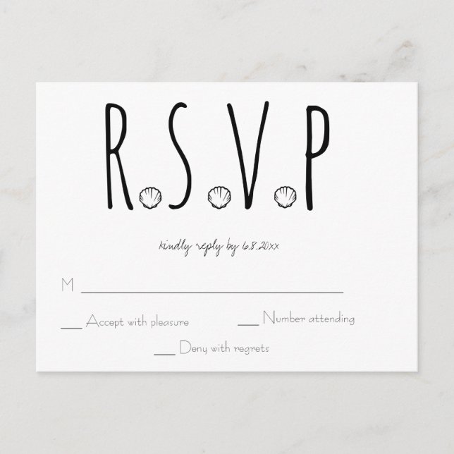 Carte RSVP Noir et Blanc Shell Beach Wedding (Devant)