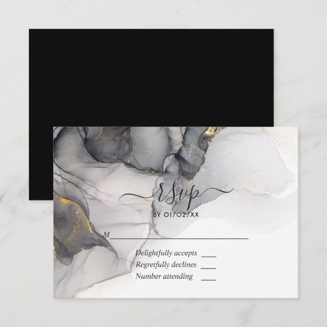 Carte RSVP Noir et Gold Alcohol Enk Wedding (Devant / Derrière)