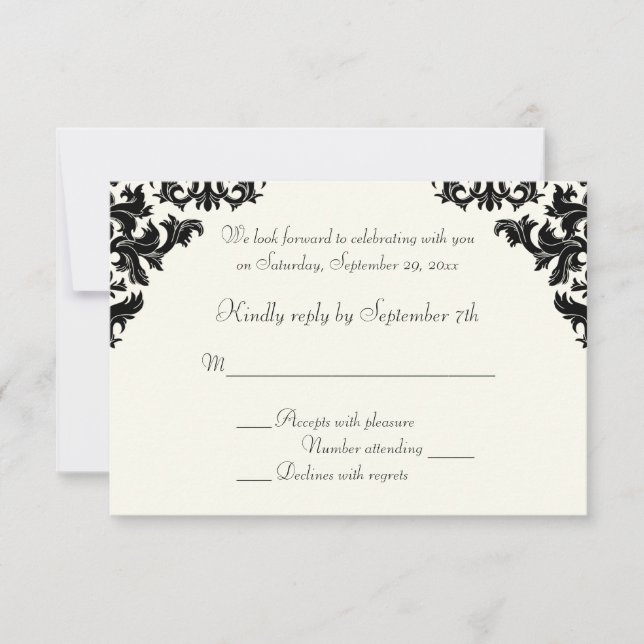 Carte RSVP noir et ivoire Damask (Devant)