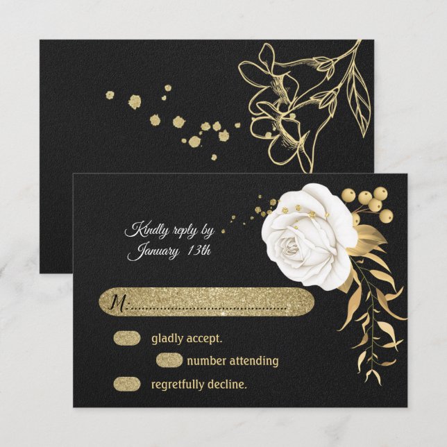 carte RSVP noir floral or blanc (Devant / Derrière)