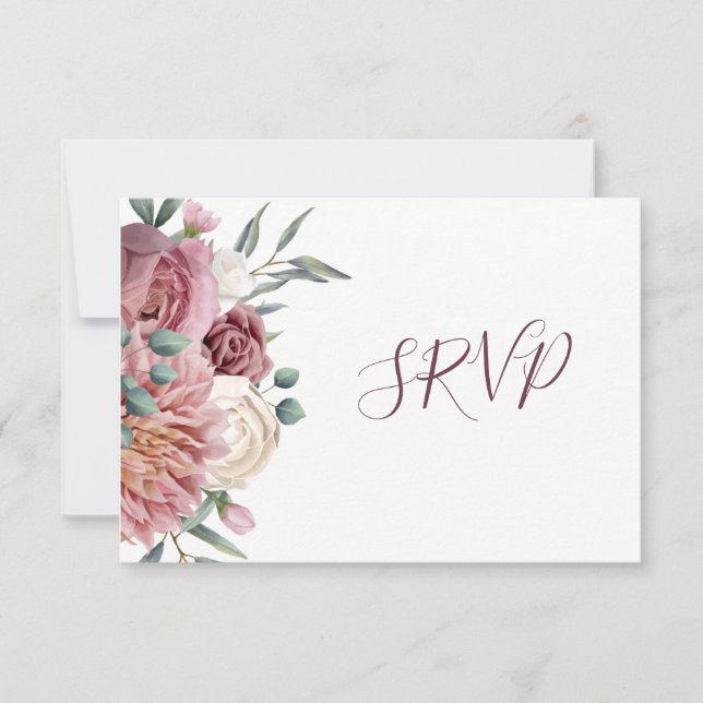 Carte RSVP noire Fleur Aquarelle Rose Poussiéreuse (Devant)