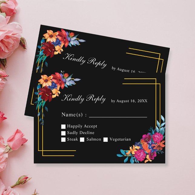 Carte RSVP noire Mariage Fiesta mexicaine Aquarell (Créateur téléchargé)