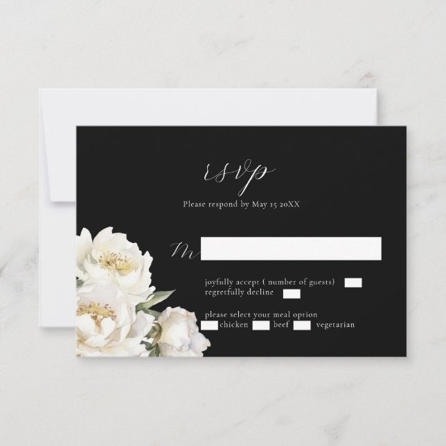 Carte RSVP noire Mariage White Peony (Devant)
