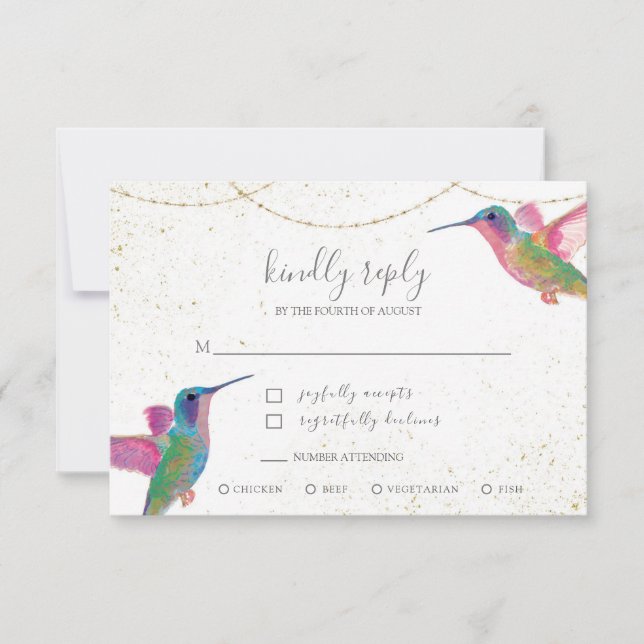 Carte RSVP or aux colibris d'aquarelle florale (Devant)