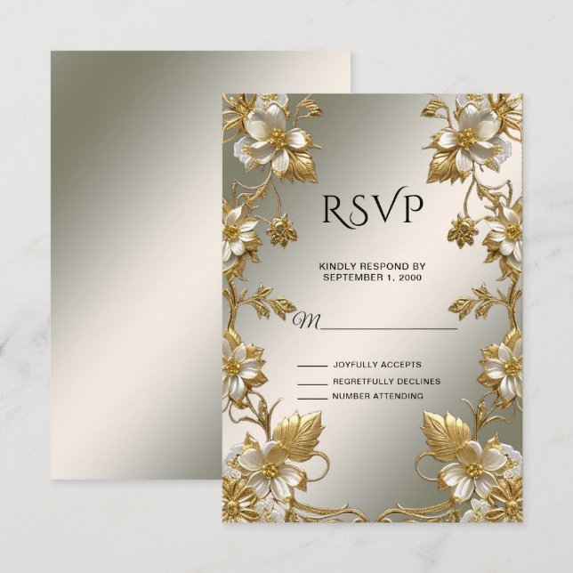 Carte RSVP Ornat Or Floral Blanc (Devant / Derrière)