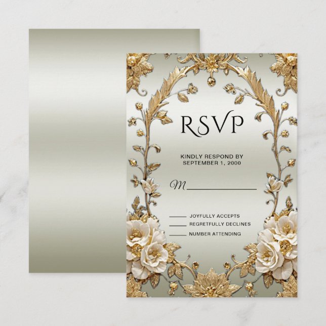 Carte RSVP Ornate Or Fleurs blanches (Devant / Derrière)