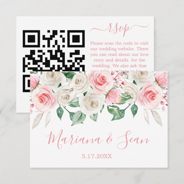 Carte RSVP Peach Pink Floral Mariage QR Code (Devant / Derrière)