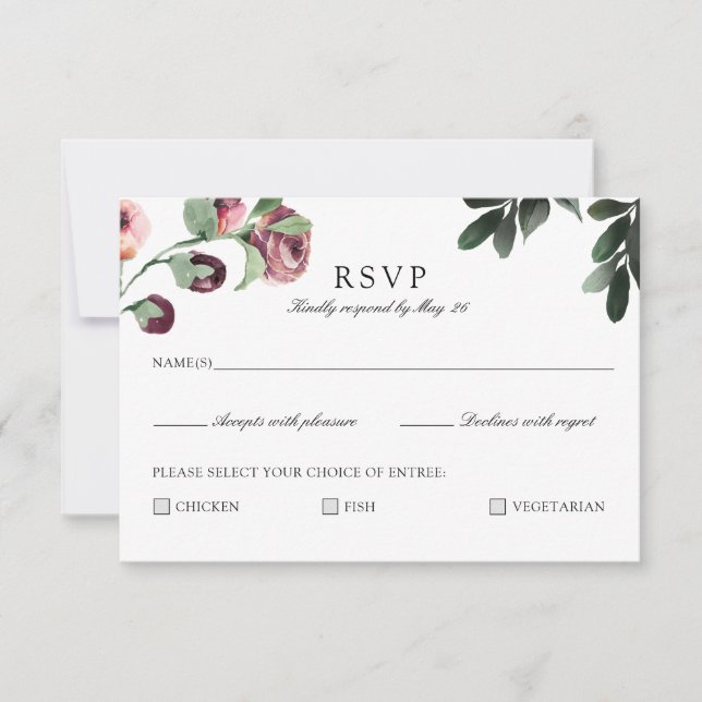 Carte RSVP Plum Floral moderne avec choix de repas (Devant)