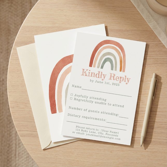 Carte RSVP pour baby shower arc-en-ciel minimal (Minimal rainbow baby shower RSVP card.)
