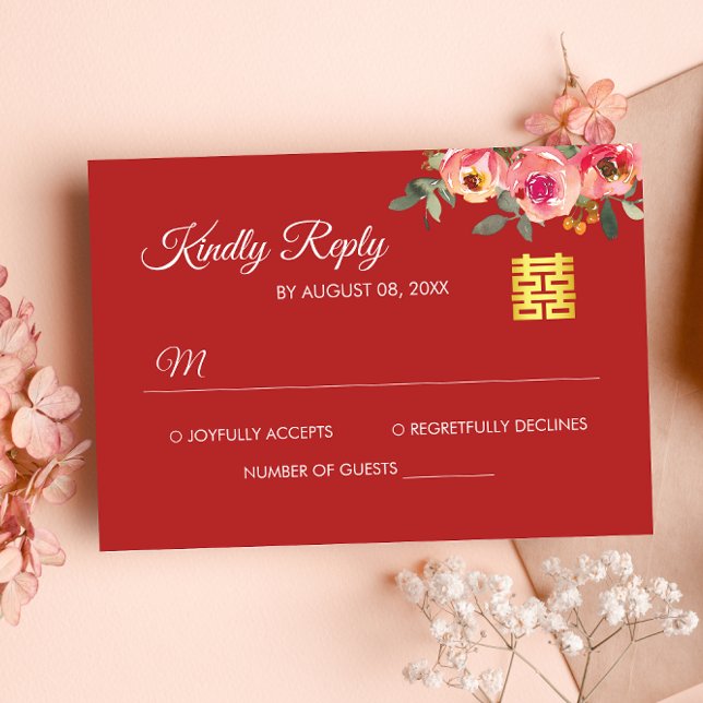 Carte RSVP pour mariage chinois moderne de pivoine (Créateur téléchargé)