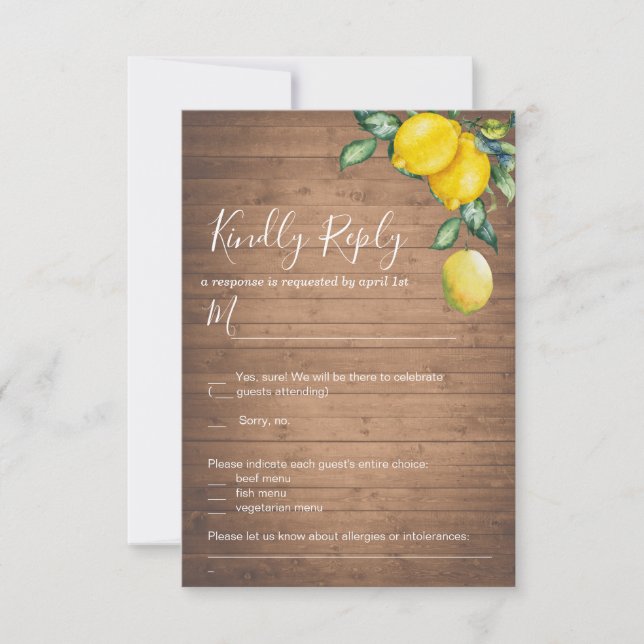 Carte RSVP pour mariage des citrons et des bois (Devant)