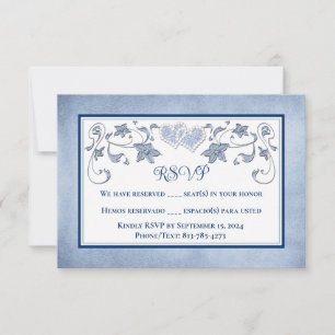 Carte RSVP pour mariage Royal Blue, Dusty Blue, Coeurs