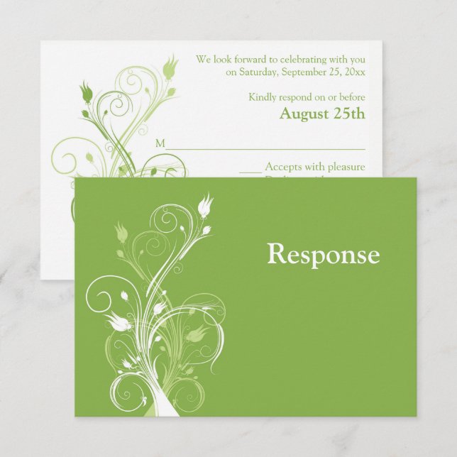 Carte RSVP pour mariage vert, blanc floral (Devant / Derrière)