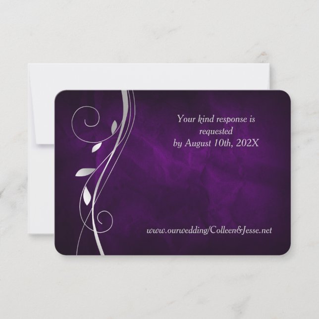 Carte RSVP pour mariage violet profond à feuille d (Devant)