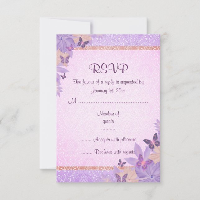 Carte RSVP Purple/Peach Papillon & Damask (Devant)