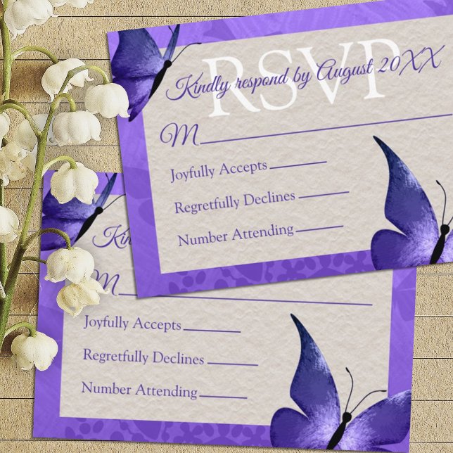 Carte RSVP Quinceañera à Papillon mauve (purple quinceanera rsvp card with butterflies purple beige elegant script writing reply response)