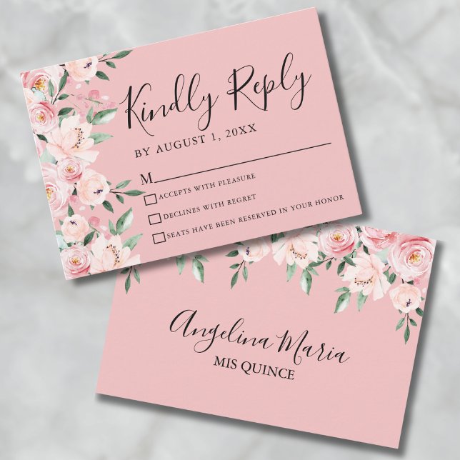 Carte RSVP Quinceanera Florale Rose (Pink Floral Quinceanera RSVP Card)