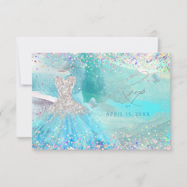 Carte RSVP Quinceanera Silver Aqua Parties scintil (Devant)